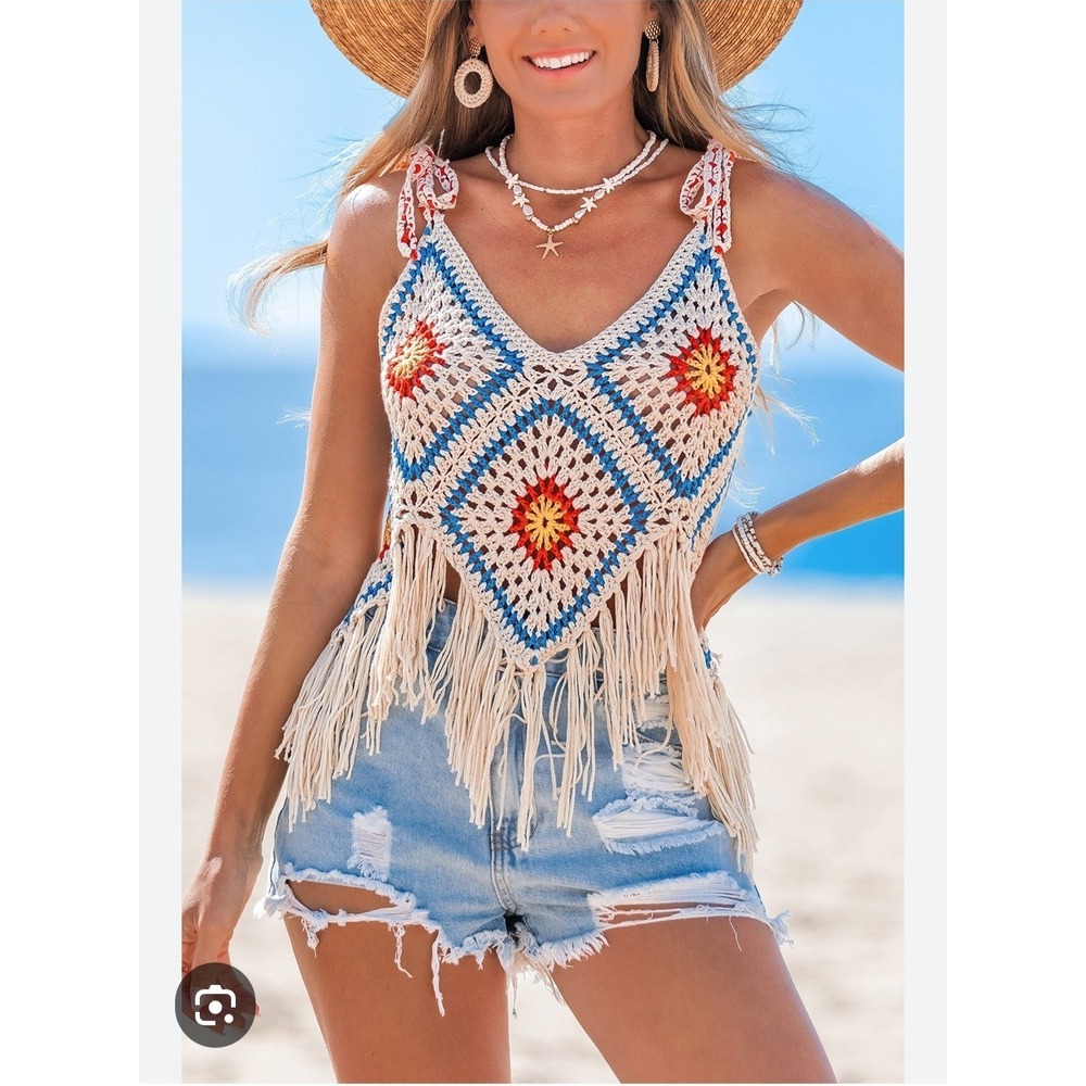 Cupshe Crochet Granny Square Fringe Cover Up Top Size Large
